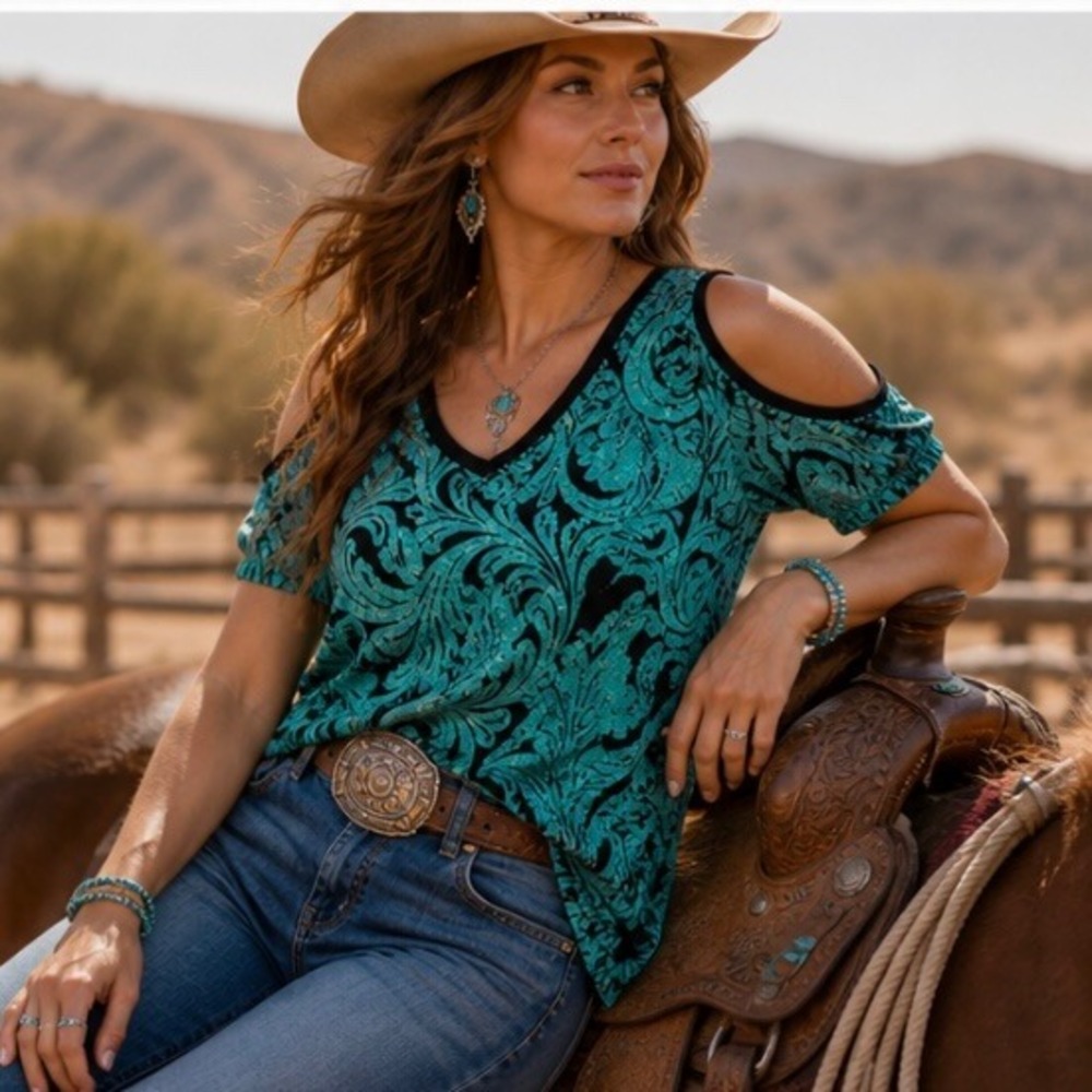 Crazy‎ Train Cow Town Top Womens Small Teal Black Western Paisley Cold Shoulder